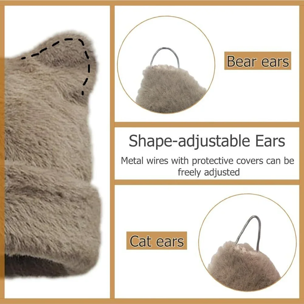 Womens Light Khaki Winter Beanie Hat Cute Cat/Bear Ear Hat with Internal Support